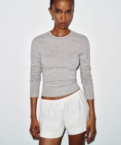 Granite Gossamer Stripe Lian Cashmere Crew Sweater