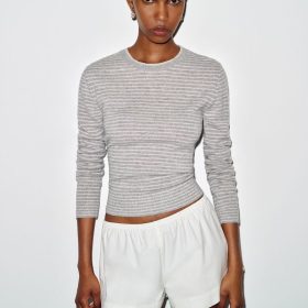 Granite Gossamer Stripe Lian Cashmere Crew Sweater
