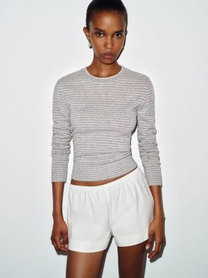 Granite Gossamer Stripe Lian Cashmere Crew Sweater