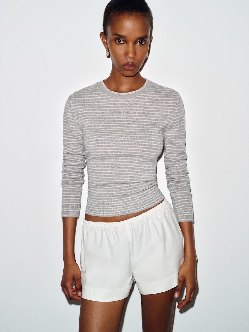 Granite Gossamer Stripe Lian Cashmere Crew Sweater